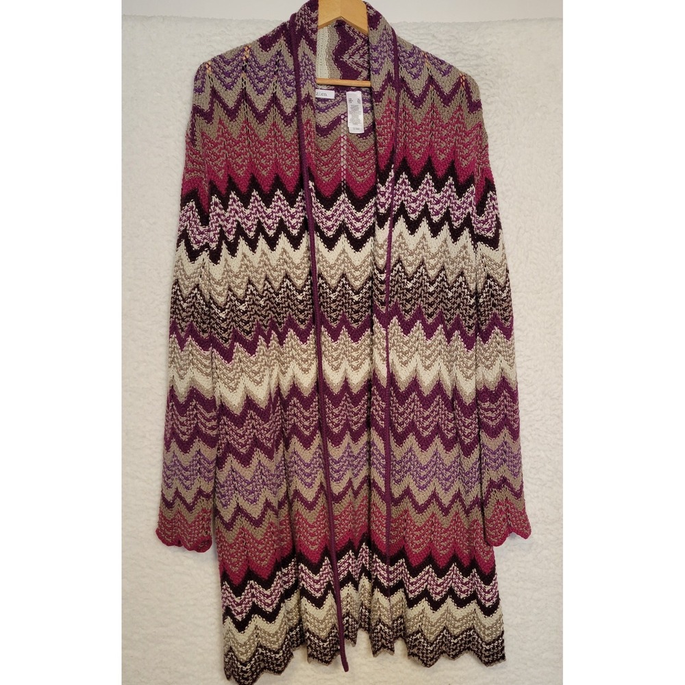 Liz Claiborne Chunky Knit Sweater Size XL Cardigan Chevron Crochet Long 1083